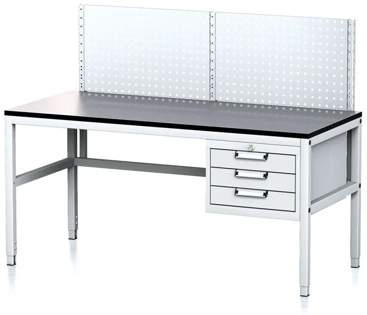 Nastaviteľný dielenský stôl MECHANIC II s perfopanelom, 3 zásuvkový box na náradie, 1600x700x745-985 mm, sivá/sivá