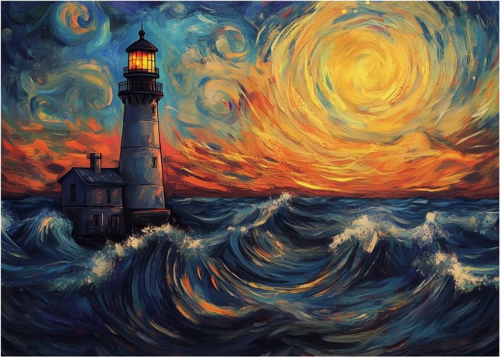 Sklenený obraz - Maják vo vlnách (70x50 cm)