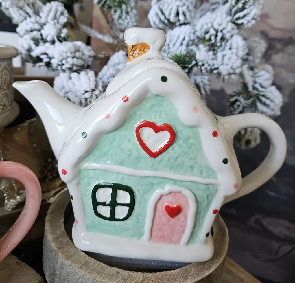 Zelená keramická kanvička chalúpka Gingerbread - 21 * 10 * 15 cm / 600 ml