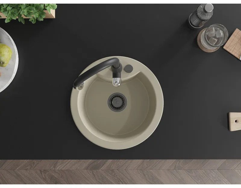 Mexen Diego, 1-komorový granitový drez 488x488x167 mm a drezová batéria Savita, béžová, 6512-69-672601-70