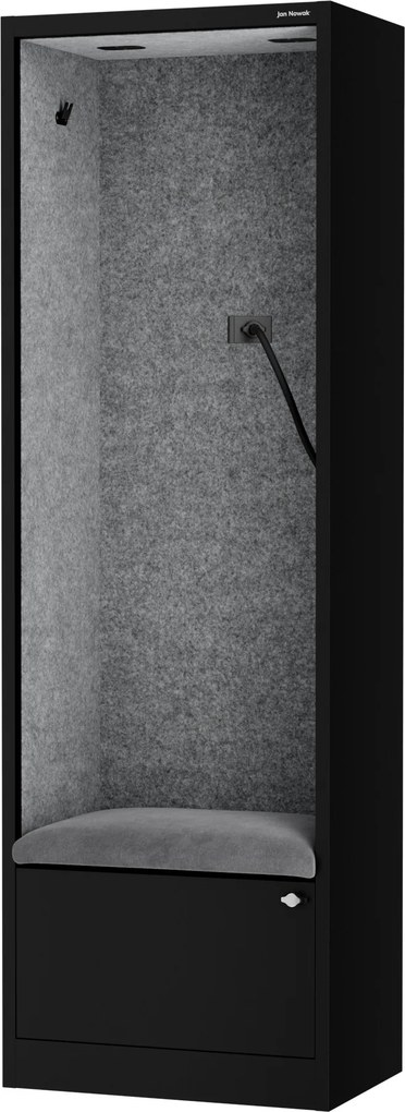 Kancelárska akustická kabína so sedadlom a portom USB-C, telo v čierny / sedák sivá v zelenej farbe, 600 mm: SALLY MentalBox