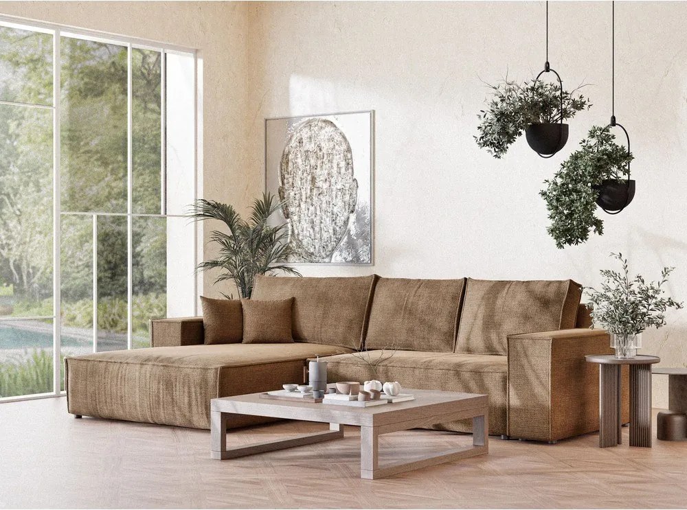 Svetlohnedá ženilková rozkladacia/s úložným priestorom rohová pohovka (ľavý roh/s leňoškou) Maze – Maison de Rêve