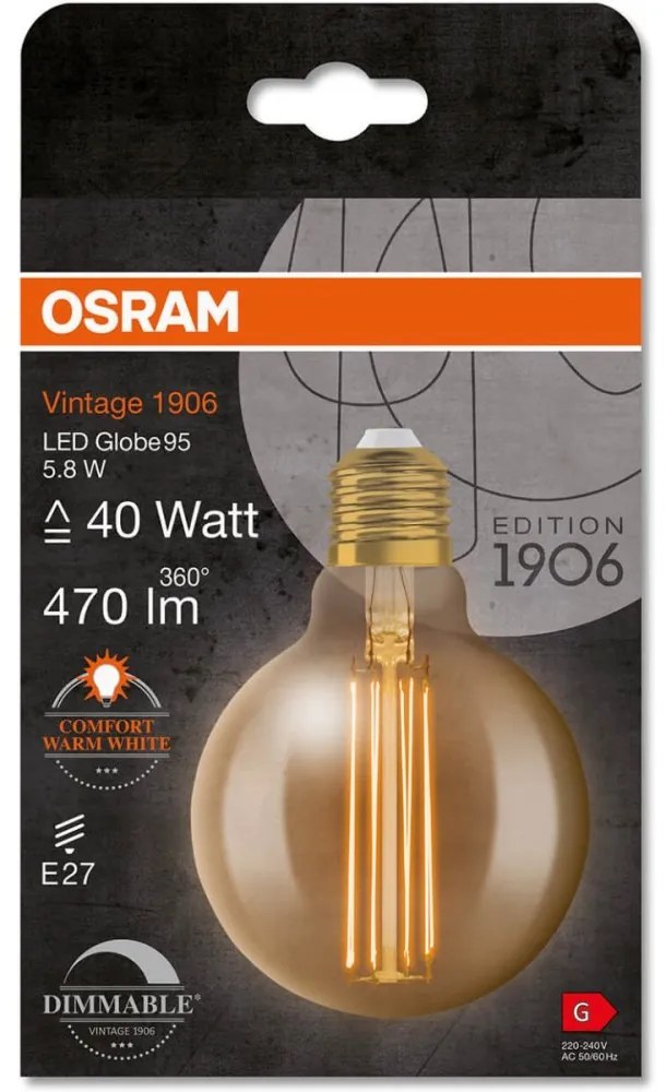 Dekoratívna LED žiarovka E27 G95 8,8W = 60W 806lm 2200K Warm 320° Filament Dimmable OSRAM Vintage 1906