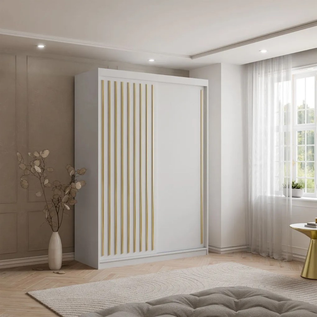 ŠATNÍKOVÁ SKRIŇA S POSUVNÝMI DVERAMI CYNTIA BIELA + ZLATÉ LIŠTY 150 cm