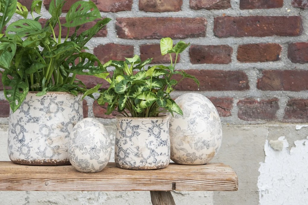 Keramický obal na kvetináč so šedými kvetmi Filon French M - Ø 14*14 cm