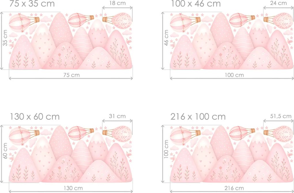 Hory a kopce v jemnej ružovej farbe nálepky na stenu pre dievčatá hárok 75 x 35 cm