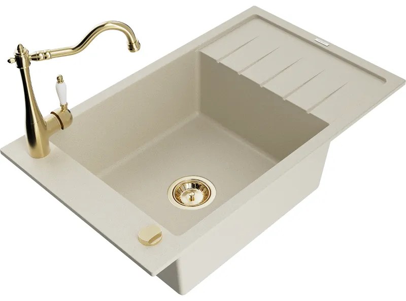 Mexen Elias, granitový drez 795x480x200 mm, 1-komorový a drezová batéria Carla, béžová, 6511-69-670700-50