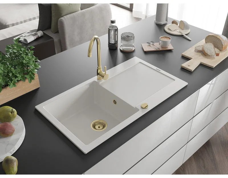 Mexen Leo, drez granitový 900x500x190 mm, 1-komorový, biela so zlatým sifónom, 6501901010-20-G