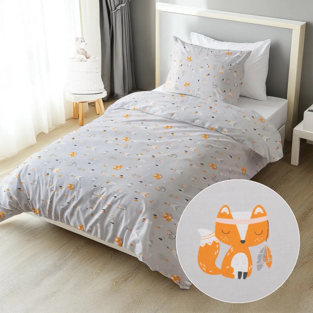 Biante Detské bavlnené posteľné obliečky Sandra SA-699 Oranžové zvieratká Indiáni na sivom Predĺžené 140x220 a 70x90 cm