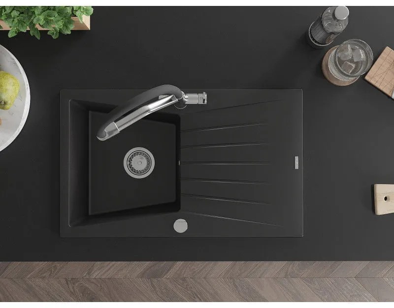 Mexen Cesar, 1-komorový granitový drez 775x470x190 mm a drezová batéria Duo, čierna, 6514-77-671701-07