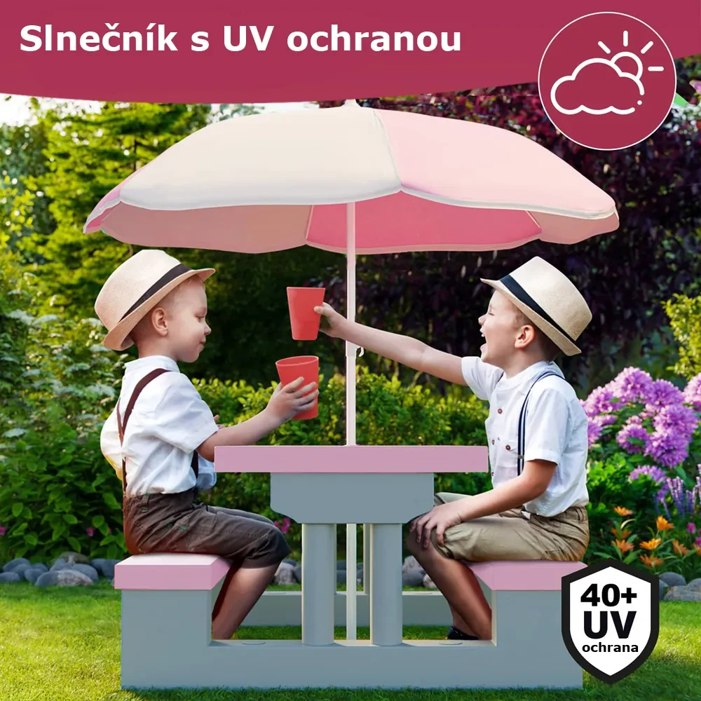 Spielwerk Detská sedacia zostava so slnečníkom JASMIN, 67x78,5x42,5cm, ružová/šedá