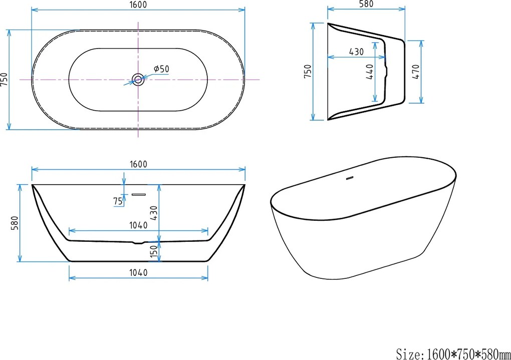 Erga Kaia, voľne stojaca vaňa 160x75 cm + odtoková zátka, biela lesklá, ERG-Kaia-160075-WH-WH