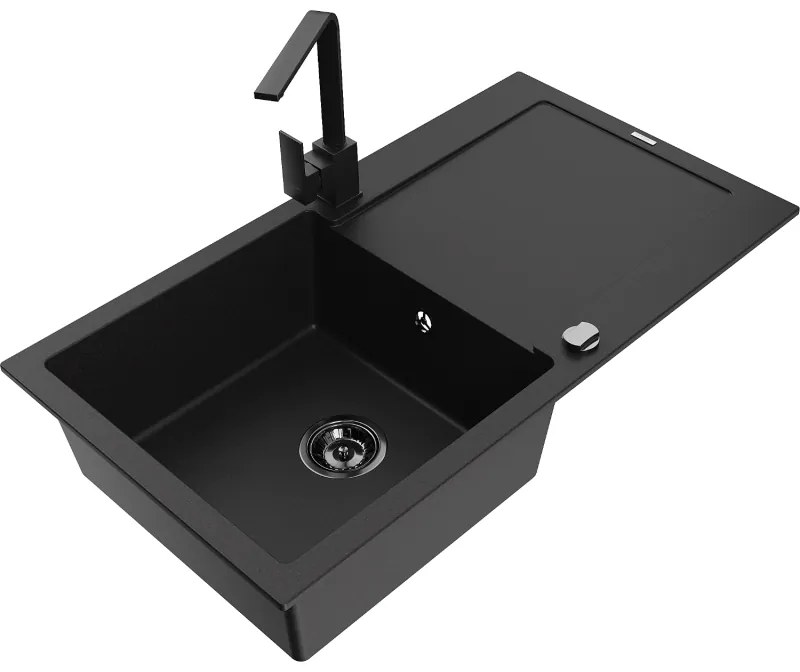Mexen Leo, drez granitový 900x500x190 mm, 1-komorový, čierna s čiernym sifónom a čierna drezová batéria Rita, 6501-77-670300-70-B