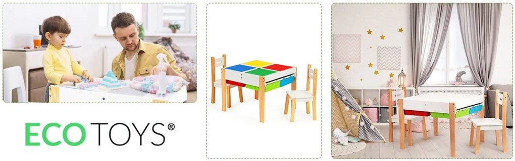 EcoToys Drevená zostava detského nábytku - stôl + 2 stoličky
