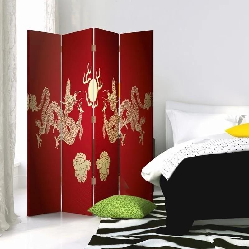Ozdobný paraván Červený japonský drak - 145x170 cm, štvordielny, obojstranný paraván 360°
