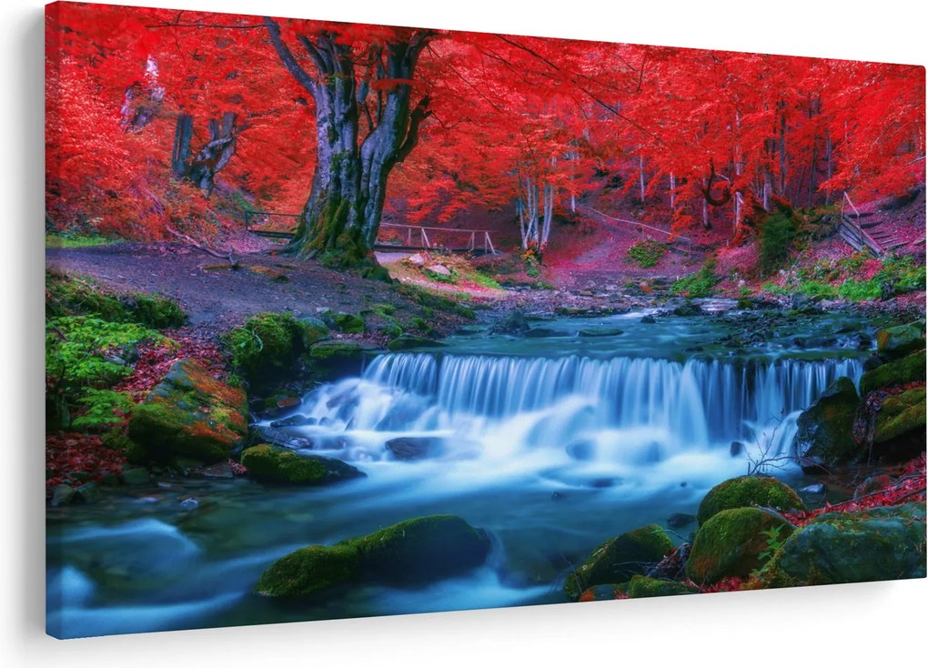 Obraz vodopádu v červenom lese (90x60 cm)