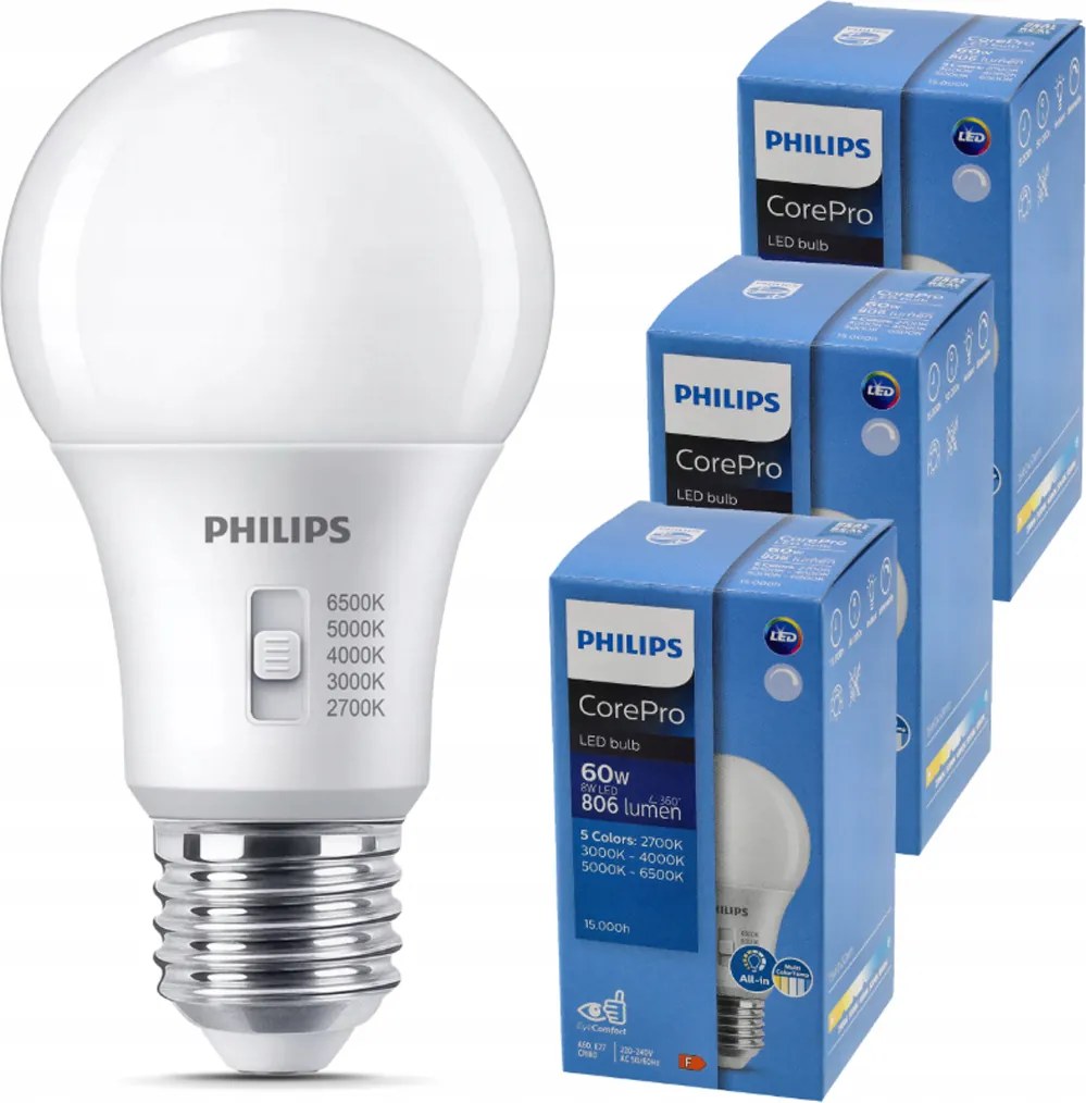 3x stmievateľná LED žiarovka E27 8W 806lm 5CCT CorePro 2700K - 6500K