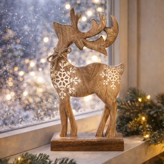 4Home Dekorácia z mangového dreva Snowflake Deer, 33 cm