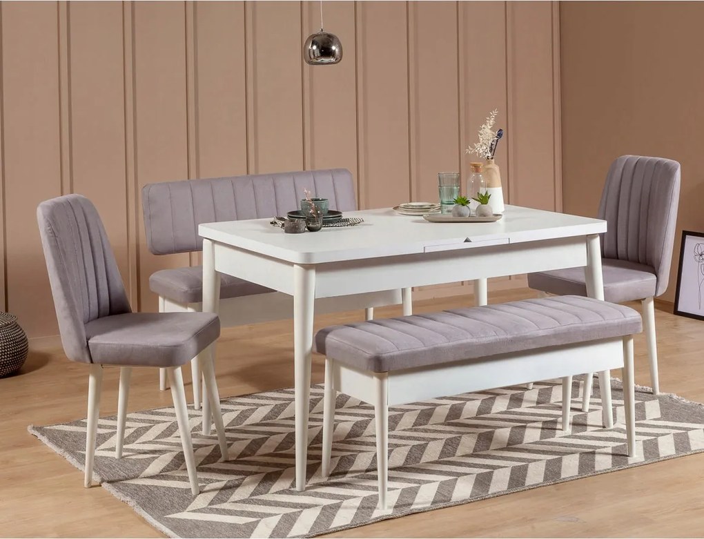Rozkladací jedálenský stôl (2 stoličky 2 lavice) Vlasta (biela sivá)