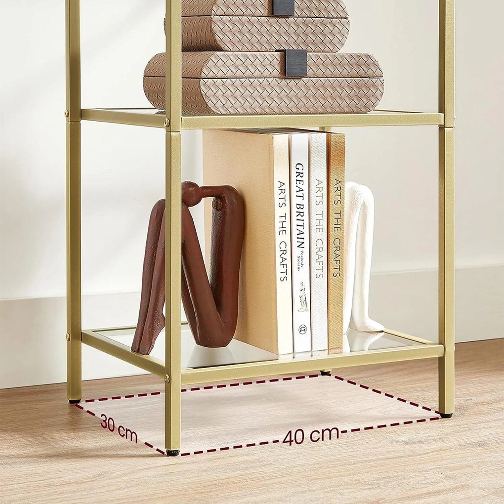 Sklenený regál s 5 policami, zlatá farba