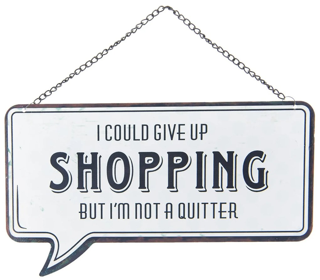 Biela kovová ceduľa SHOPPING s odieraním a patinou- 24 * 13 cm