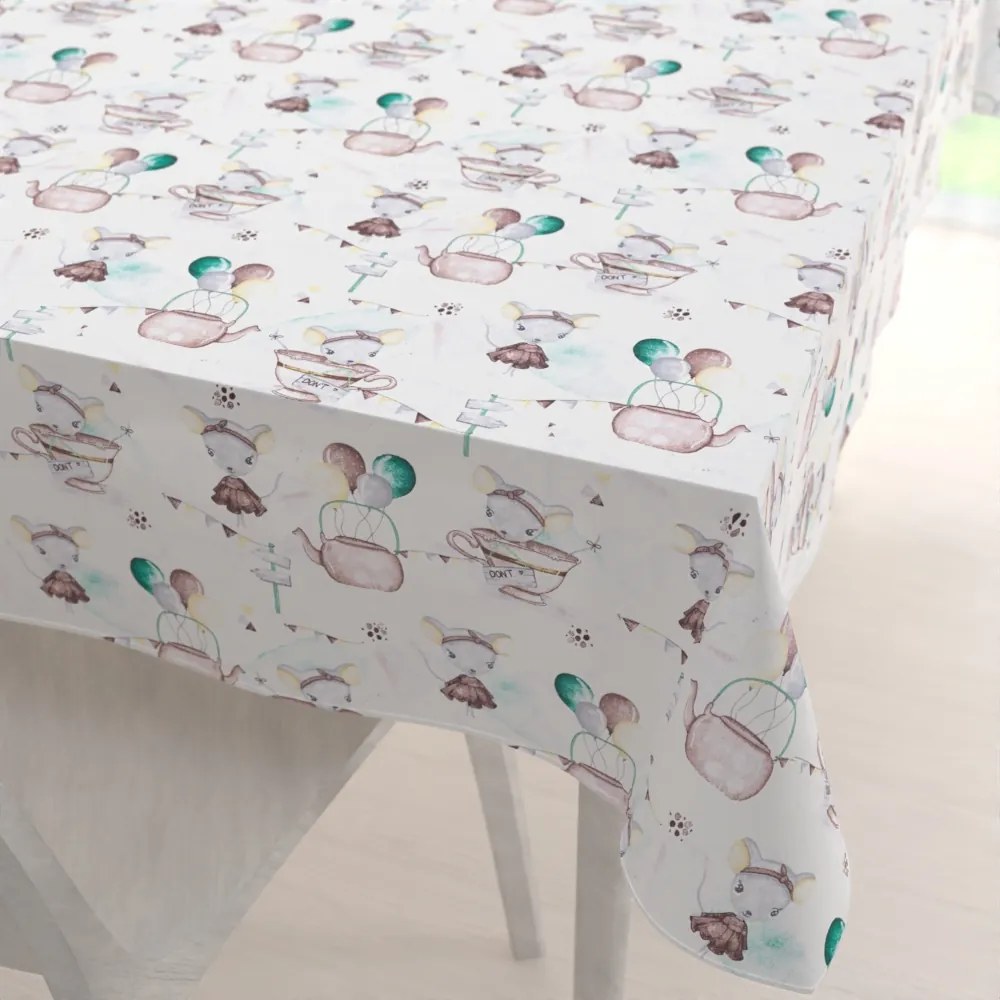 Biante Detský bavlnený obdĺžnikový obrus Sandra SA-372 Myšky a konvičky na bielom 140x180 cm