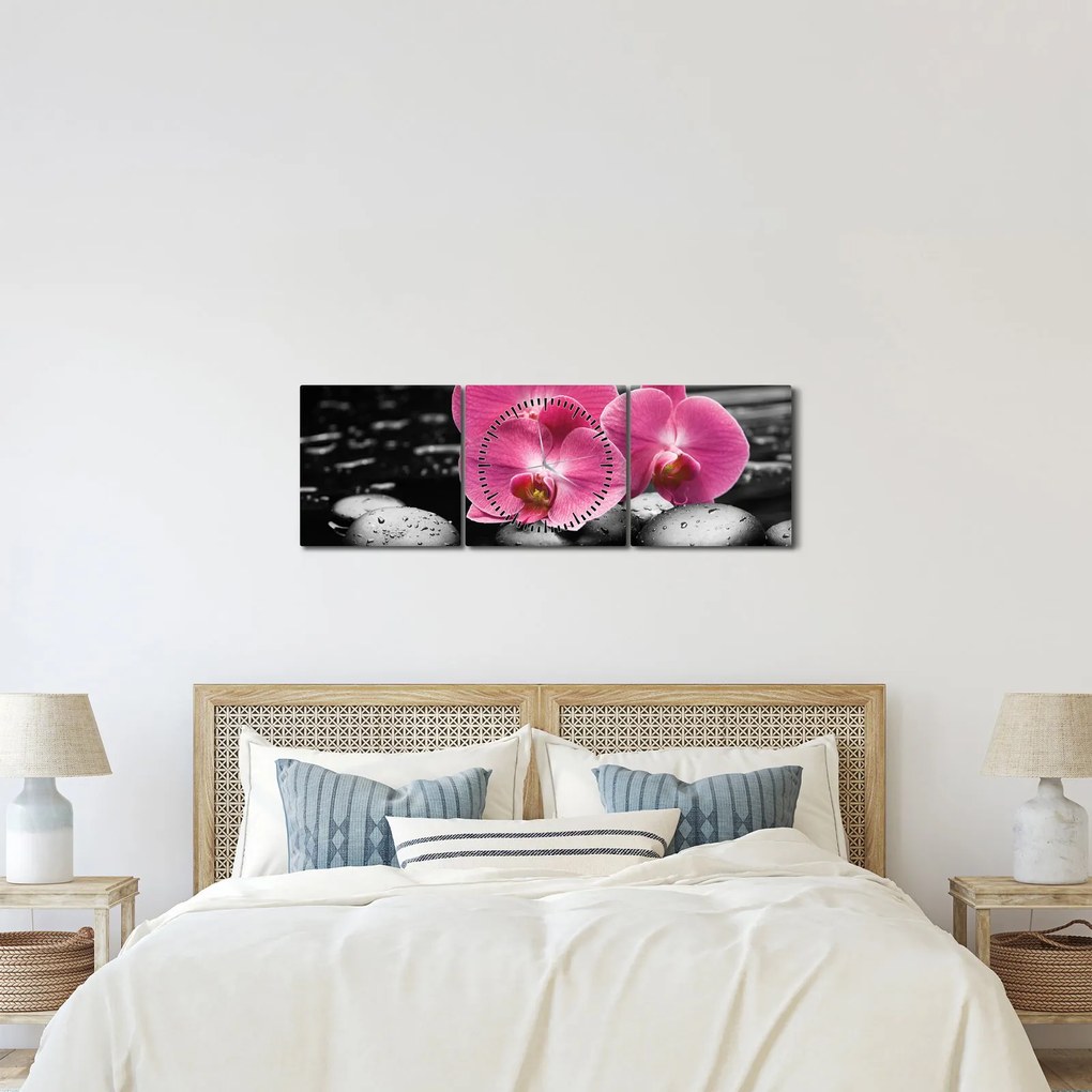 Obraz - Ružové orchidey (s hodinami) (90x30 cm)
