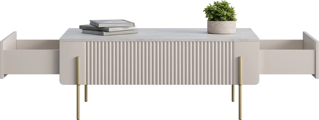 Kávový stolík Malmi 100 cm so zásuvkami - kasmír / krémová biela / zlaté nohy