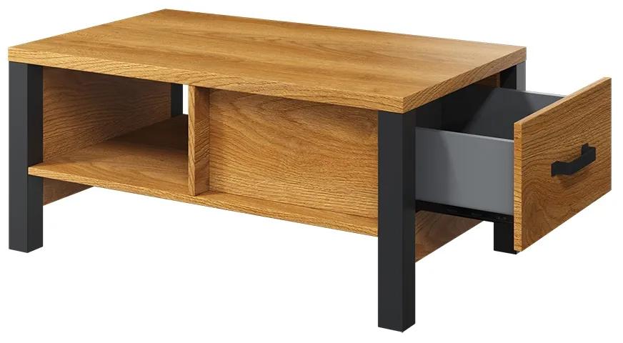 Konferenčný stolík Olin 99 so zásuvkou - karamelový dub / čierny supermat