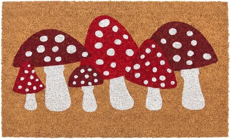 Hnědá kokosová rohožka s muchomůrkami Huby - 75*45*1 cm
