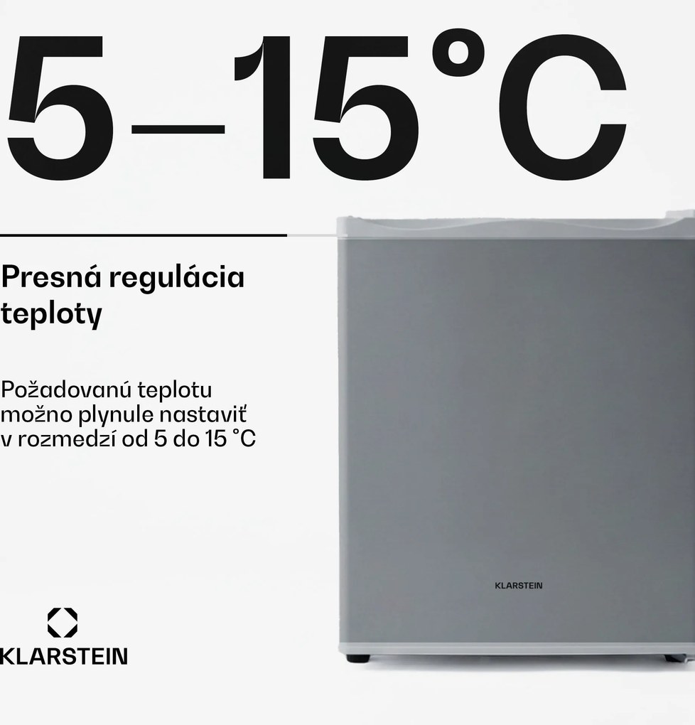 Klarstein Happy Hour 23, minibar, 23 l, 5-15°C, energet. trieda G, tichý, 23 dB, LED svetlo, strieborný