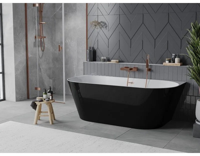 Mexen Oval Slim, voľne stojaca vaňa ku stene, 170 x 80 cm, biela-čierna, medený matný prepad, 52661708075-65