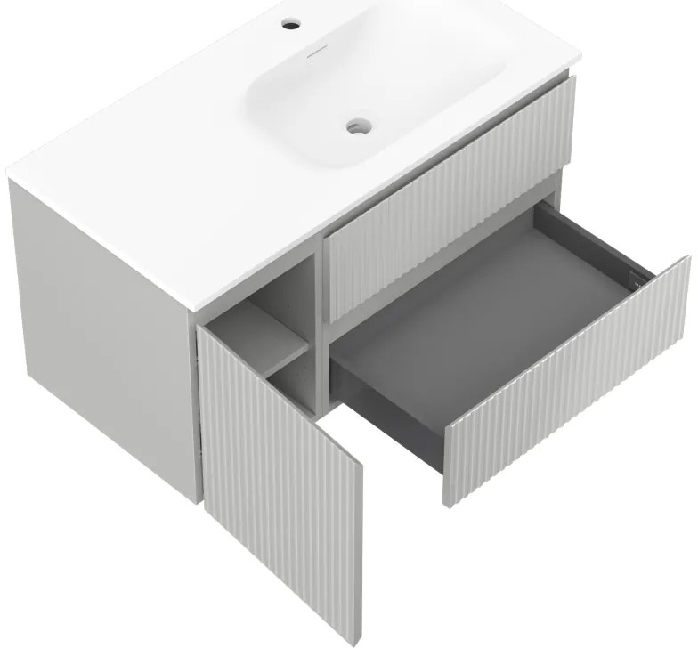 Mexen Rivel, kúpeľňová skrinka 90 cm s pravým umývadlom Vela, 2S, 1D, drážkovaná, sivá matná/biela matná - 91A23-09047-3-BBFFF62-W23P01