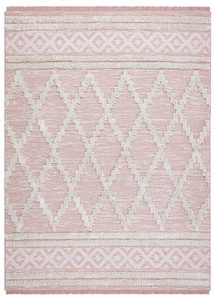 Ekologický koberec MOROC 22297 EKO SIZAL Romby, z recyklovanej bavlny, strapce, krémovo - ružový