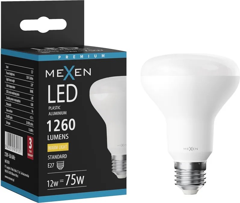 Mexen Nova, LED žiarovka E27, R80, 12W, Teplá - 3000K, 1260 lm - L105-E27-1230-01