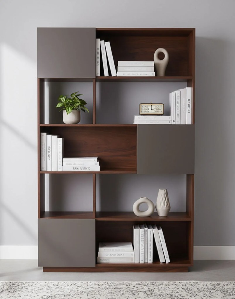 Knižnica Nevada, tmavý orech so sivými dvierkami, 110 cm (BS02)