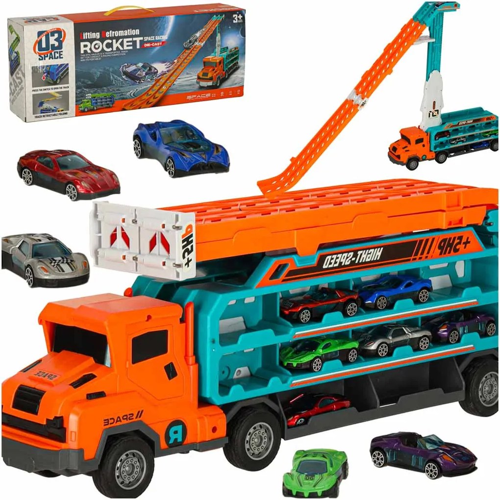 Pretekárska autodráha KIK s transportérom na 6 autíčok, oranžová