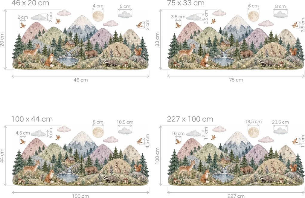 Horská chatka a zvieratká rozprávkové akvarelové nálepky za posteľ na stenu arch 46 x 20 cm