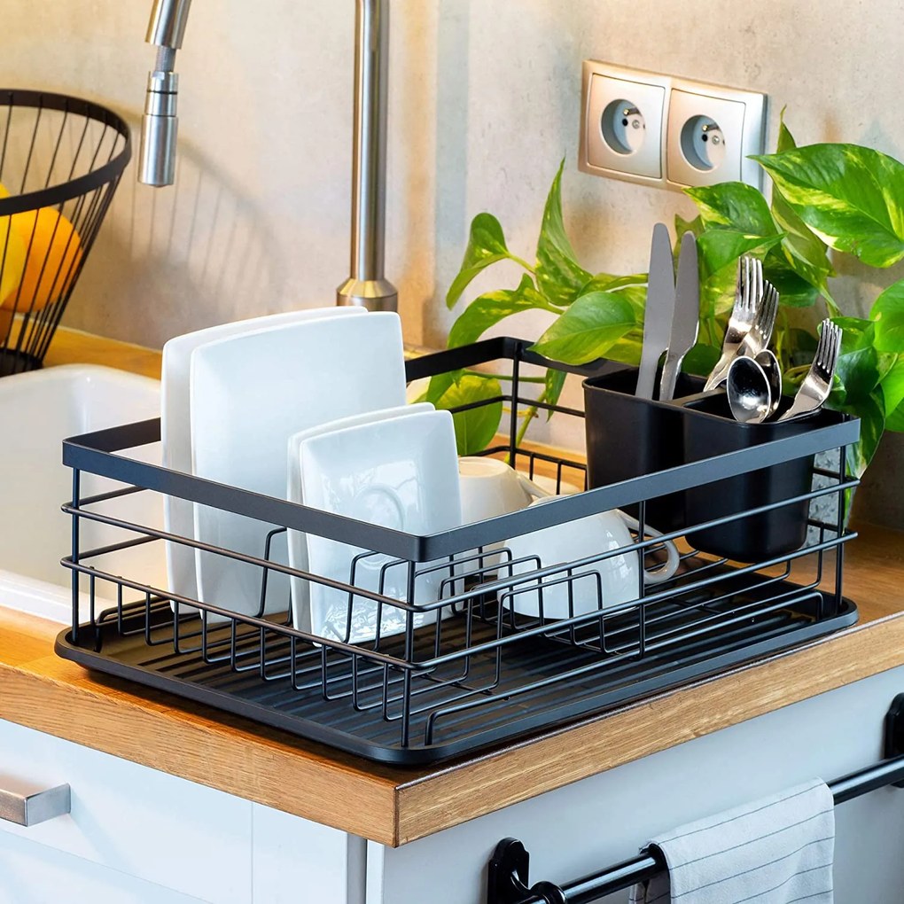 Goodhome Odkvapkávač na riad s držiakom na príbory - čierny LKA, 45x34x15