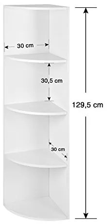 Rohový regál, 4 police, 129,5x30x30cm, biely