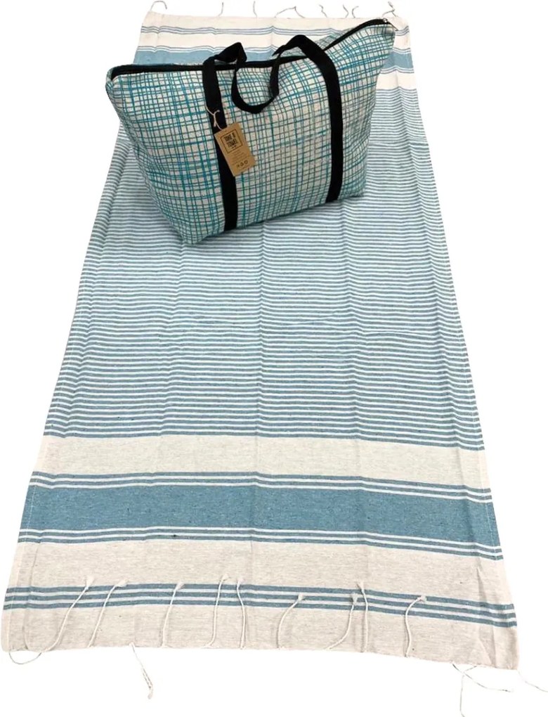 Štýlový set plážovej tašky + osušky HAMAM 75x150 cm, tyrkysový, 100% organická bavlna