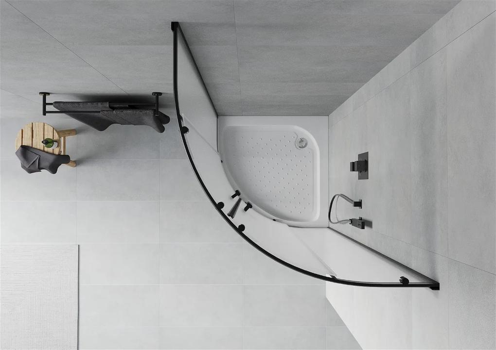 Mexen Rio, štvrťkruhový sprchovací kút s posuvnými dverami 80 (dvere) x 80 (dvere) x 190 cm, 5mm sklo námraza, čierny profil + biela sprchová vanička RIO, 863-080-080-70-30-4710