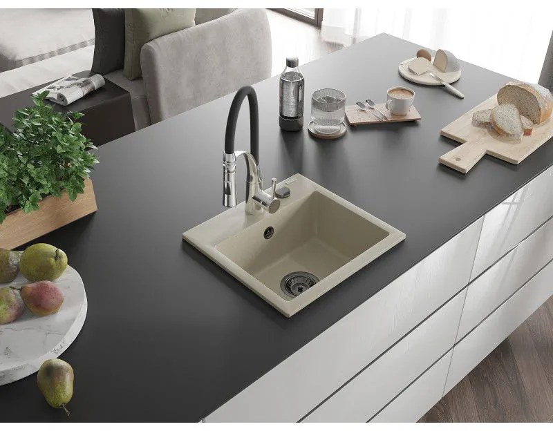 Mexen Milo, 1-komorový granitový drez 435x410x171 mm a drezová batéria Aster, béžová, 6505-69-73450-07-B