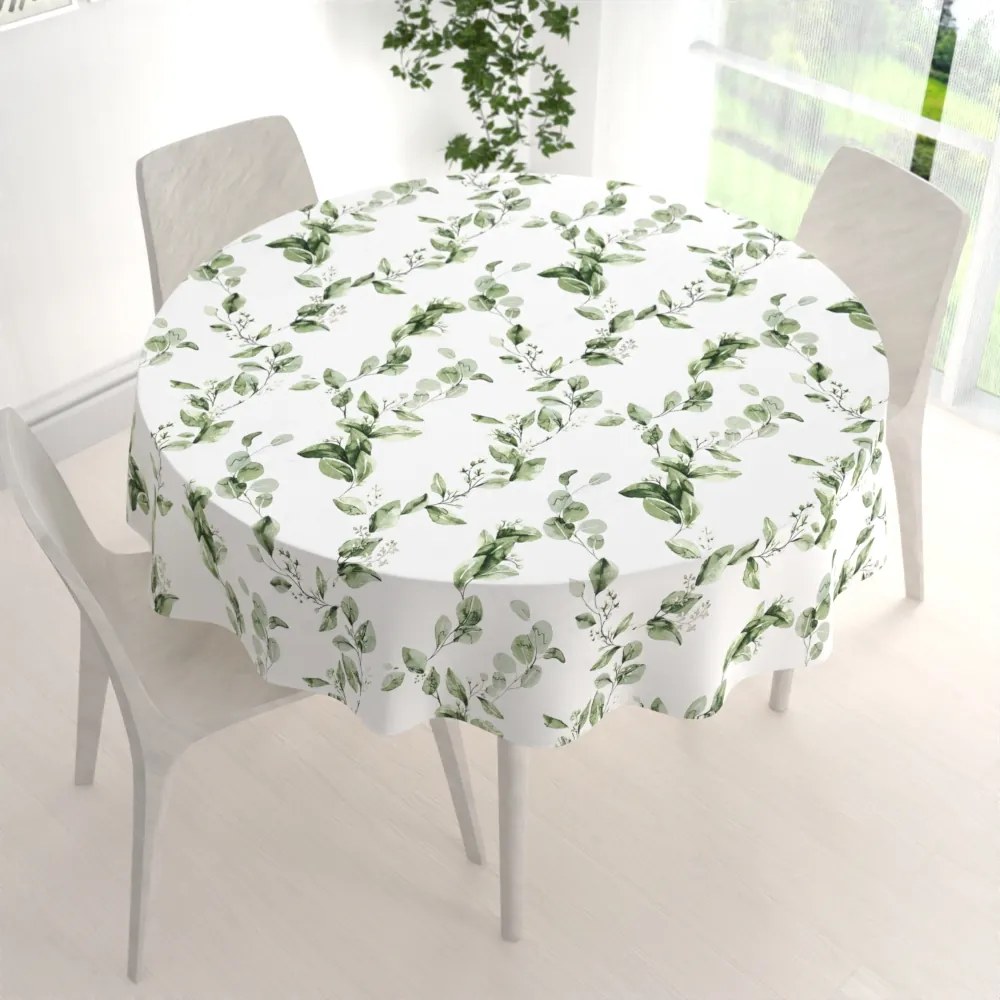 Biante Bavlnený okrúhly obrus Sandra SA-422 Zelené listy na bielom Ø 90 cm