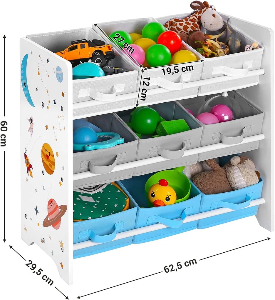 SongmicsHome Regál na hračky VESMÍR, 9 boxov, 62,5x29,5x60cm, biela s nálepkami