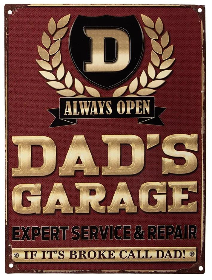 Tmavočervená antik nástenná kovová ceduľa Dad's Garage - 25*1*33 cm