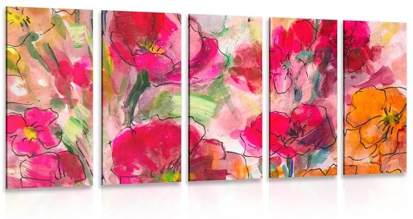 5-dielny obraz maľované kvetinové zátišie - 200x100