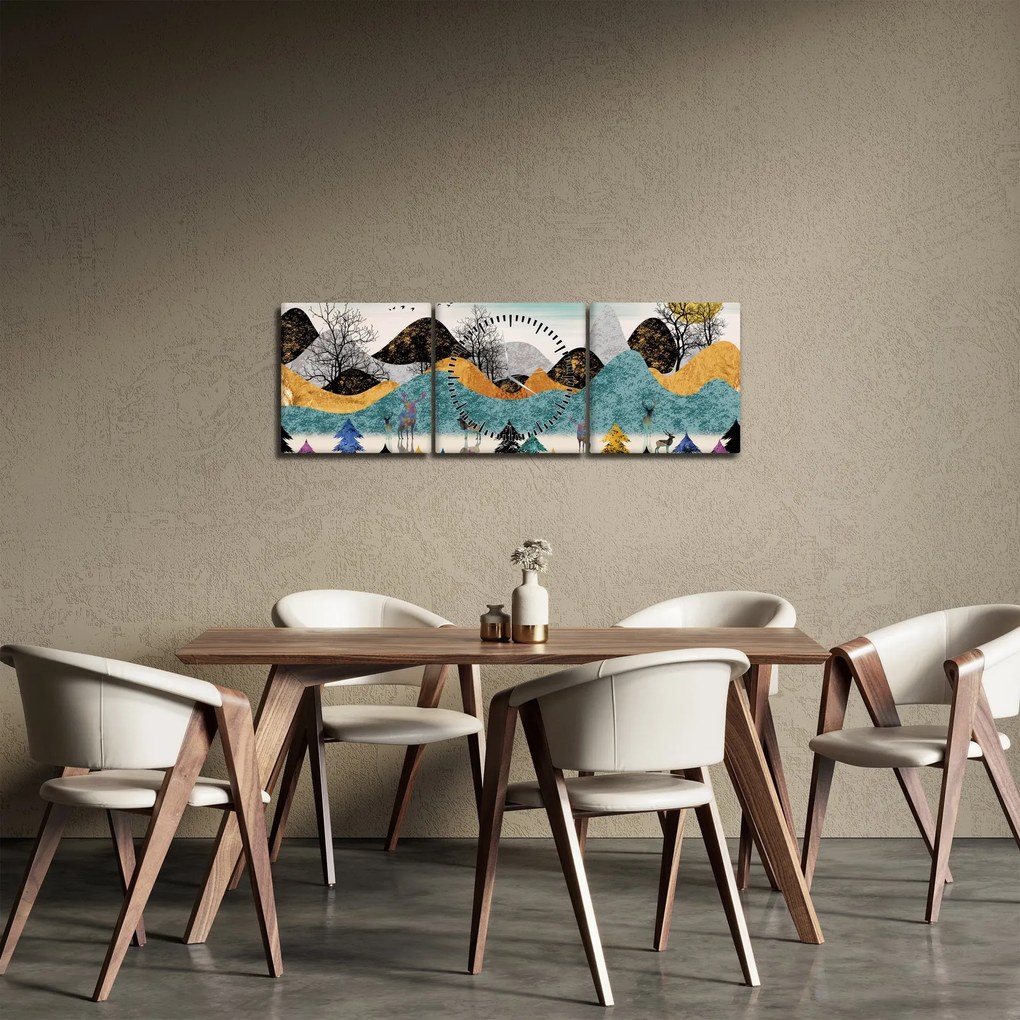 Grafický obraz s jeleňmi (s hodinami) (90x30 cm)