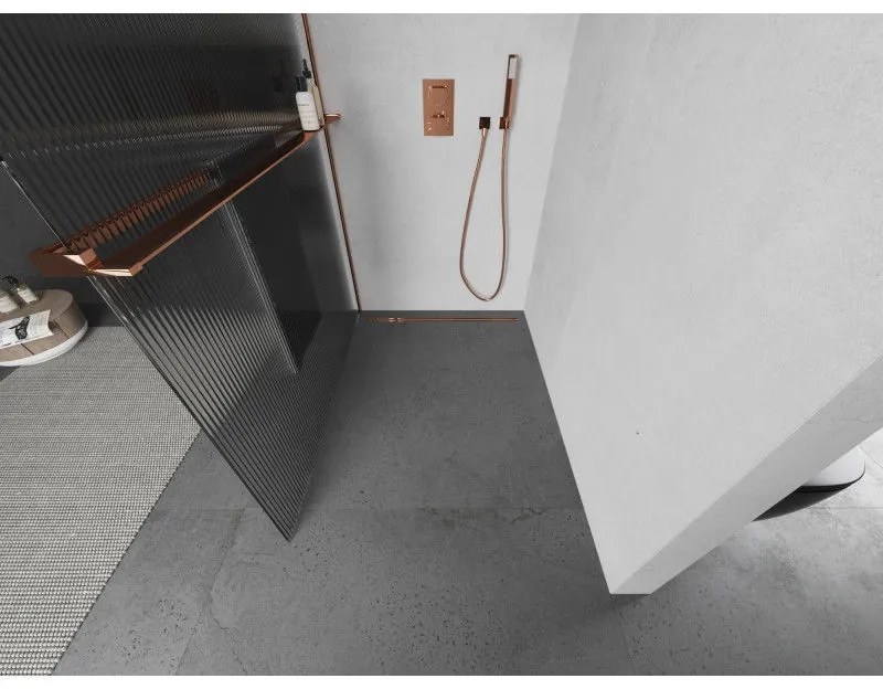 Mexen Kioto, sprchová zástena s poličkou a vešiakom na uteráky 90 x 200 cm, 8mm sklo s rebrovým vzorom, profil ružové zlato, 800-090-121-60-09