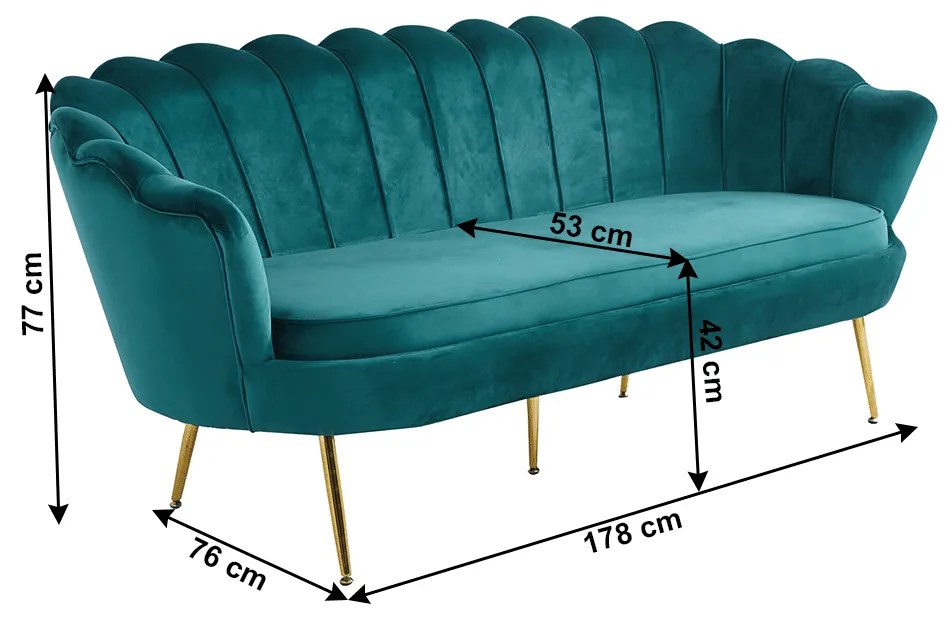 Luxusná pohovka, 3-sed, smaragdová Velvet látka/chróm zlatý, štýl Art-deco, NOBLIN